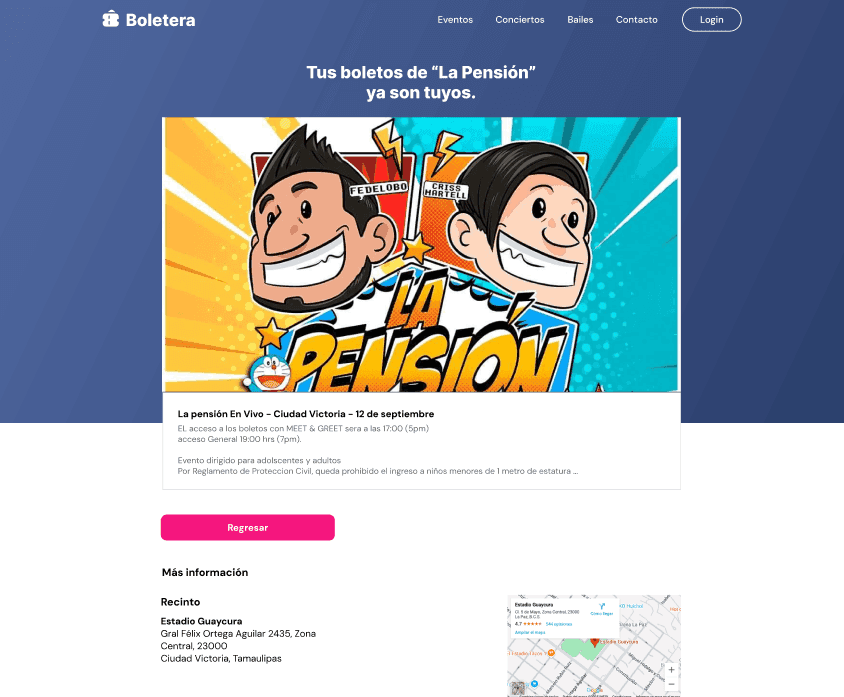 Purchase confirmation page reading 'Your tickets for La Pensión are yours', with the event poster, details, and venue