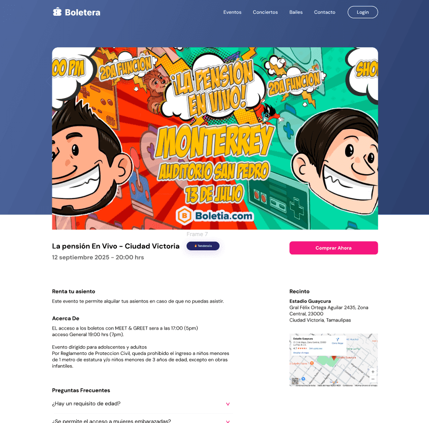 Event page for a comedy show with the poster, date and time, a buy button, event details, frequently asked questions, and the venue address with a map