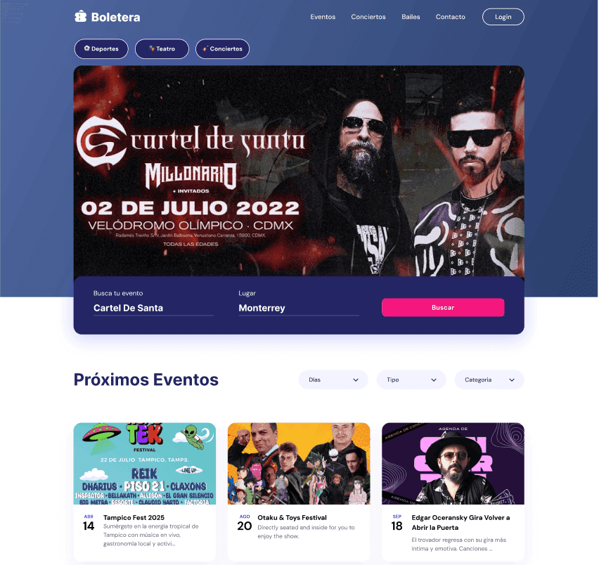 Ticketing home page with category filters for sports, theater, and concerts, a featured concert banner, an event search with a location field, and a grid of upcoming events
