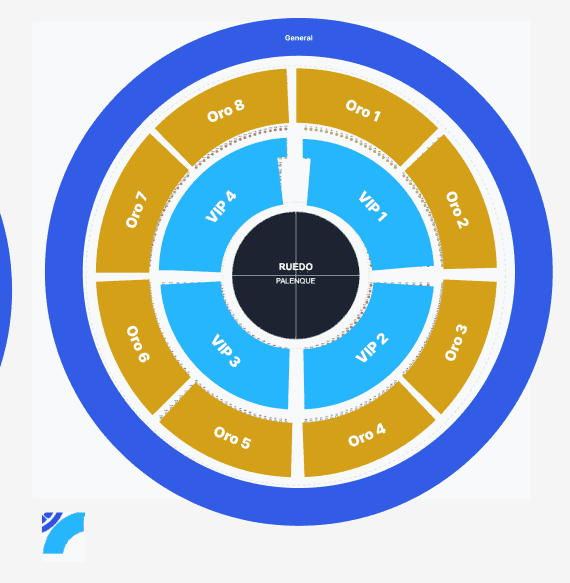 Circular palenque seat map with the central ring, four VIP sections, eight gold sections, and an outer general admission ring
