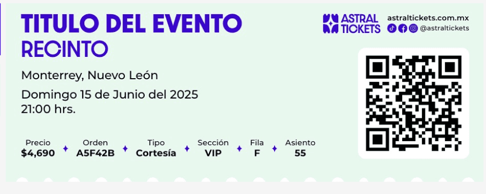 Printed ticket template with the event title, venue, city, date and time, price, order number, ticket type, section, row, seat, and a QR code