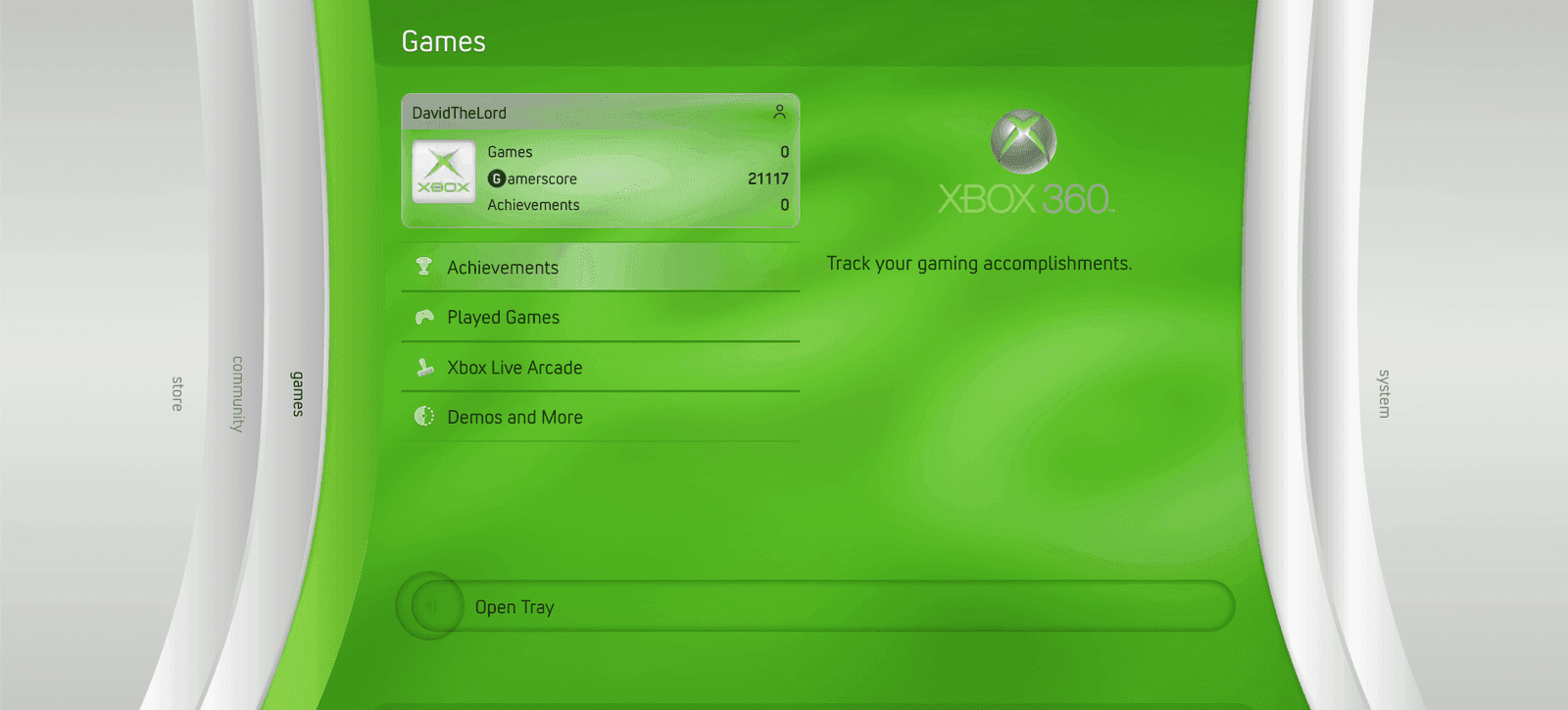 Recreated Xbox 360 dashboard with the green Games blade open: a gamer profile card, a menu of achievements, played games, Xbox Live Arcade, and demos, and the other blades folded to each side