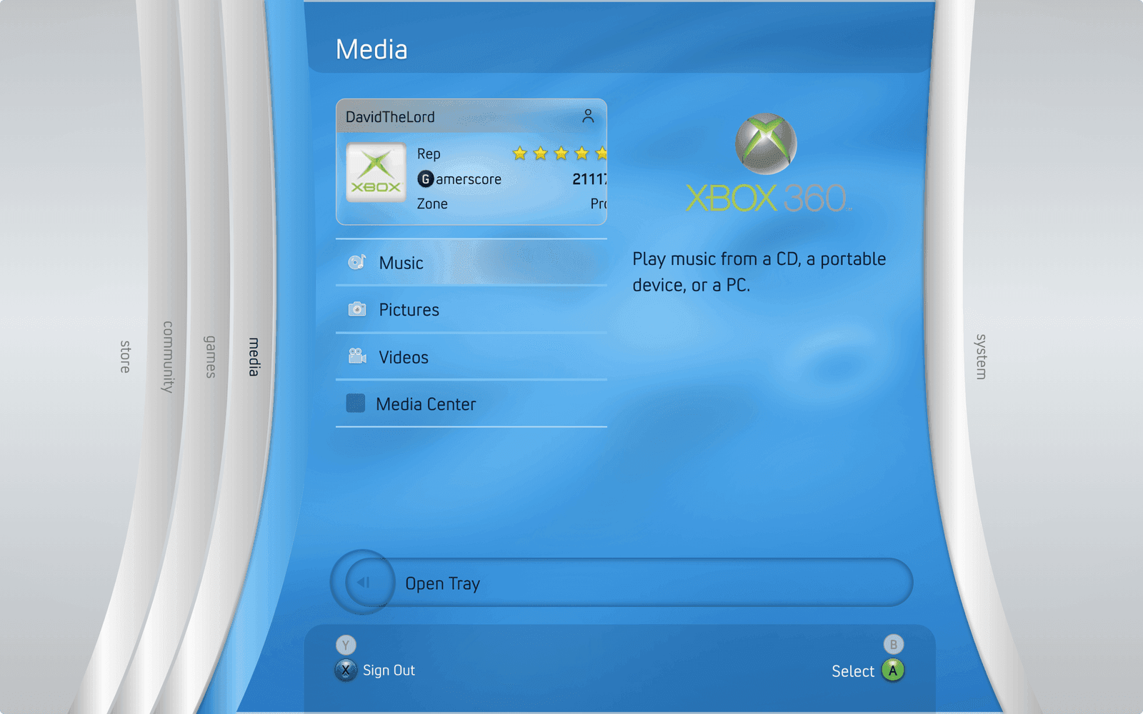 The blue Media blade with Music, Pictures, Videos, and Media Center