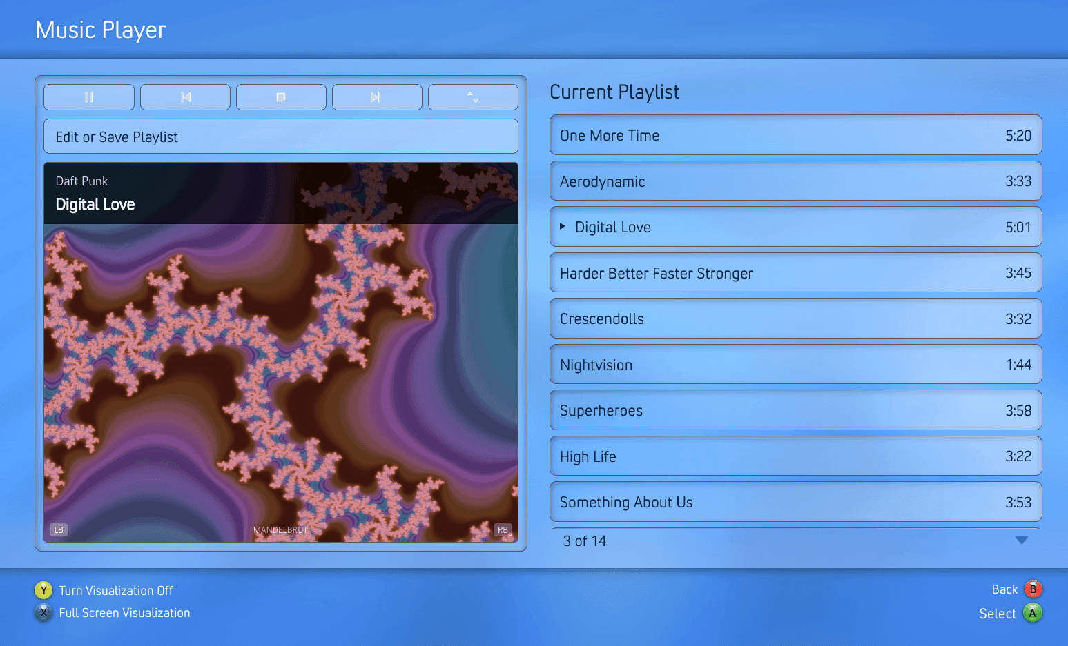 Music Player with a fractal visualizer playing Digital Love by Daft Punk, next to the current playlist from Discovery