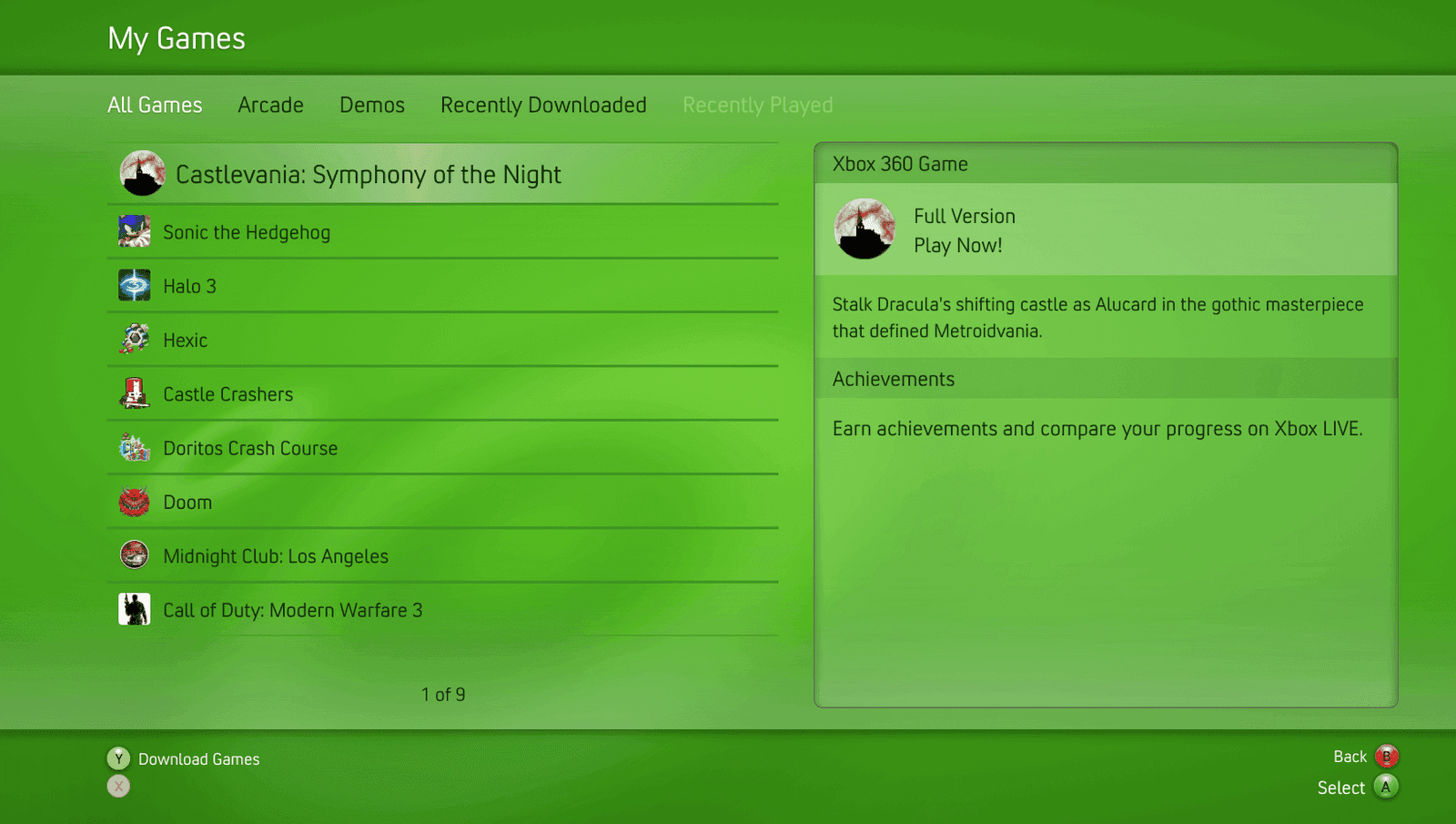 My Games screen with a list of games such as Castlevania, Halo 3, and Doom, and a detail panel for the selected game