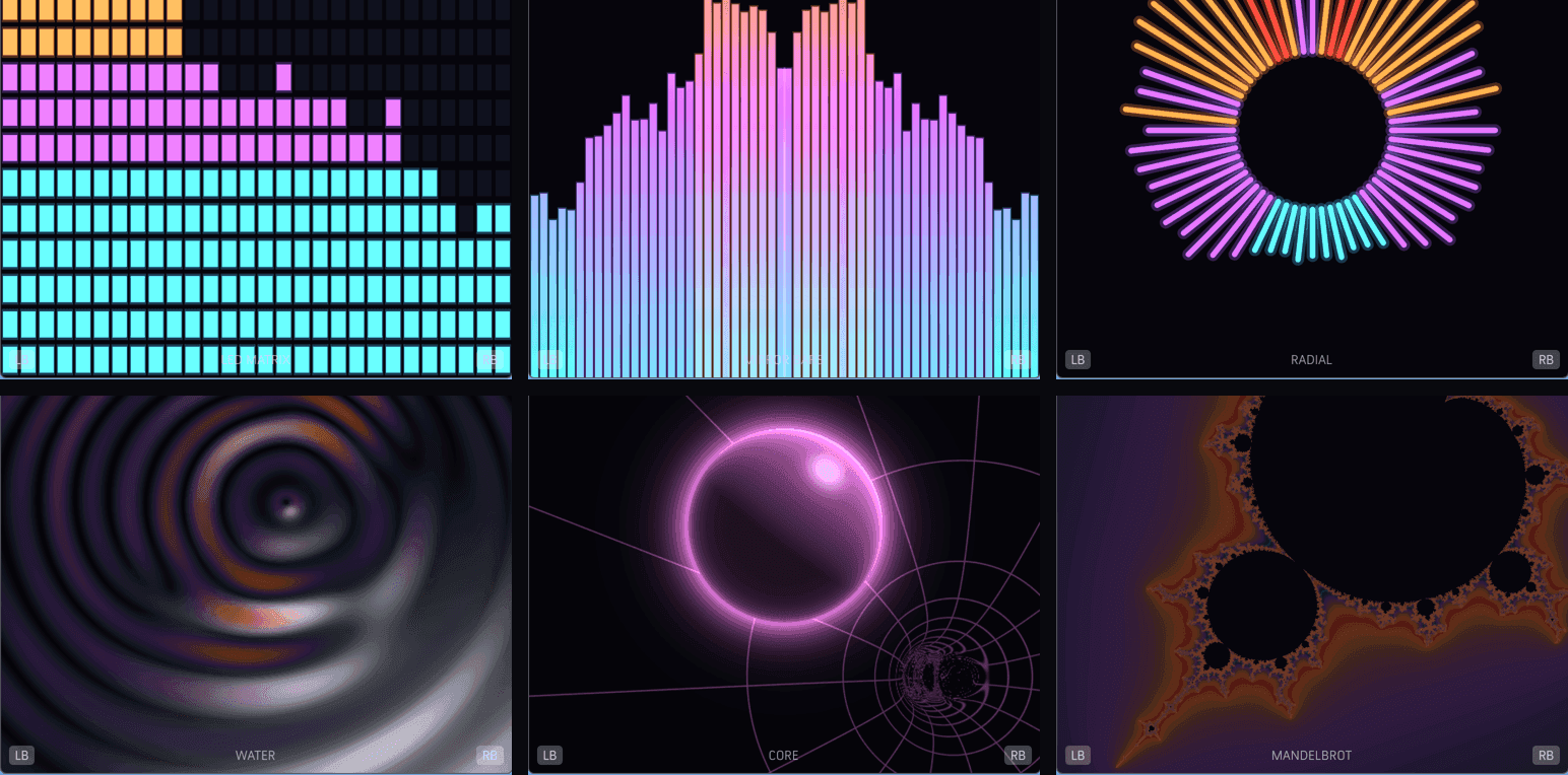 Six visualizers: an LED matrix, mirrored bars, a radial burst, water ripples, a glowing core, and a Mandelbrot fractal
