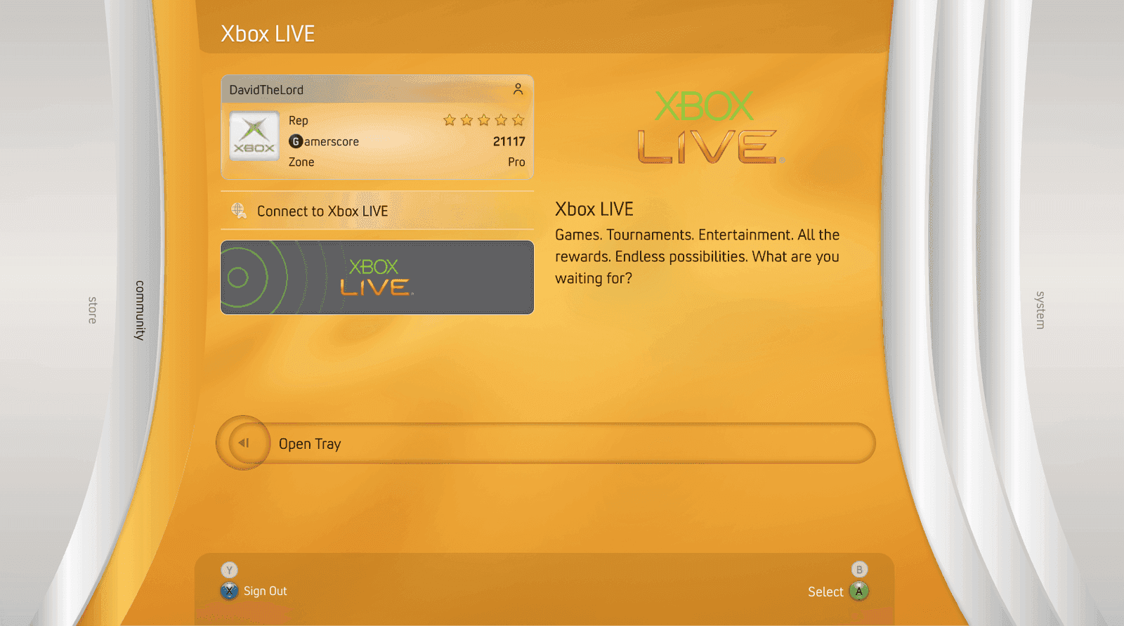The orange Xbox LIVE blade with the gamer profile card and a Connect to Xbox LIVE option