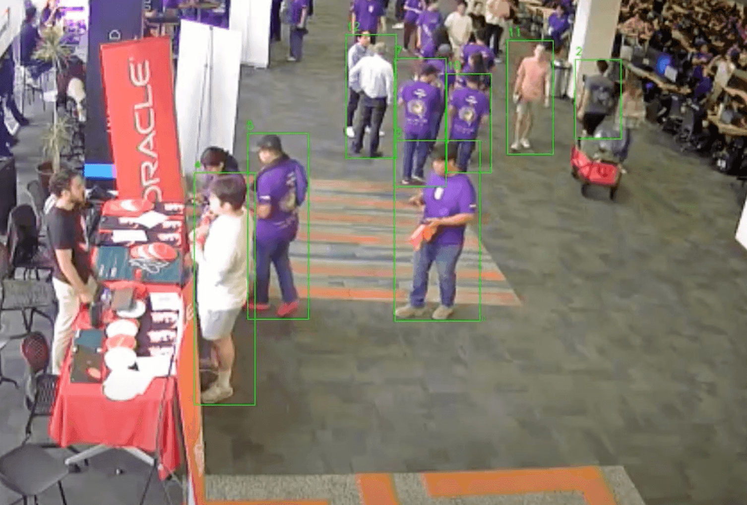 Overhead camera view of attendees walking past the Oracle booth, each person inside a green tracking box