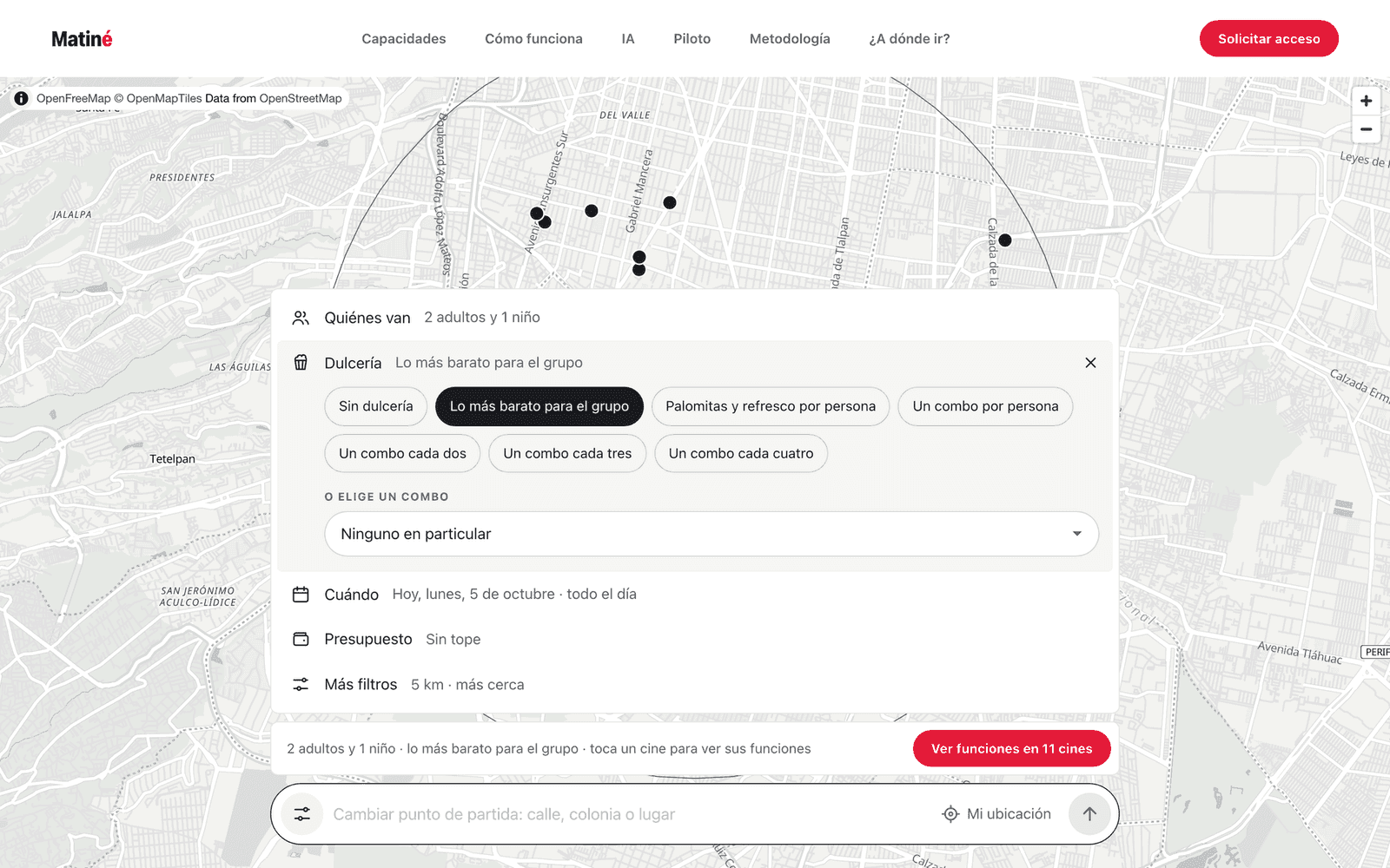 Search options over the map: who's going (2 adults and 1 child), snacks set to the cheapest option for the group, when, budget, and more filters