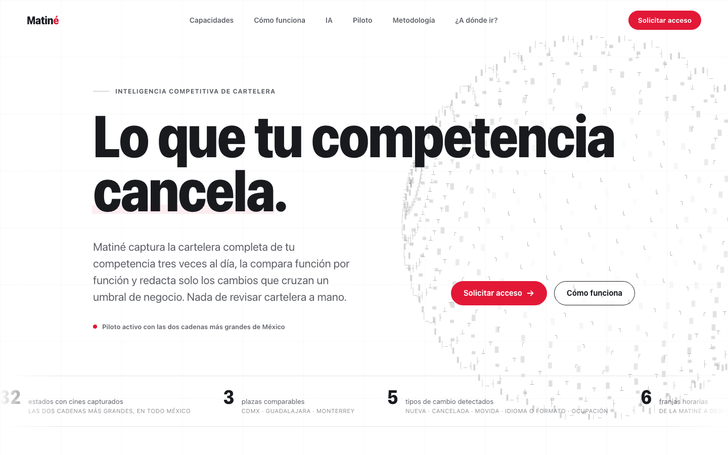 Matiné landing page with the headline 'Lo que tu competencia cancela', a short description, and buttons to request access