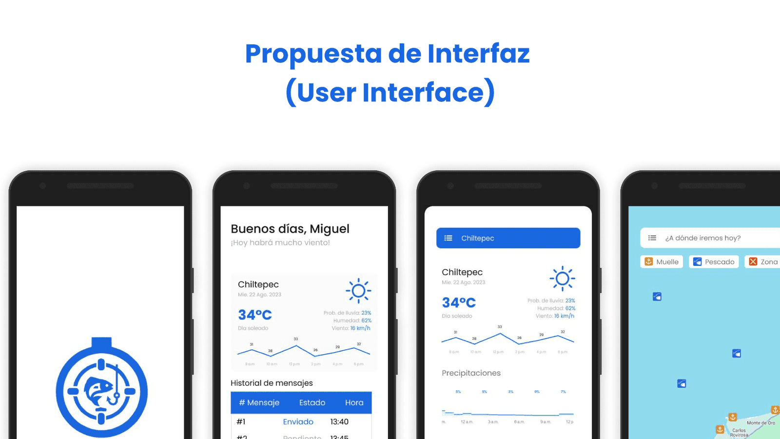 Four phone screens: the splash screen, a home dashboard with weather and a boat status table, a detailed weather view, and a map with filters for docks and fishing spots