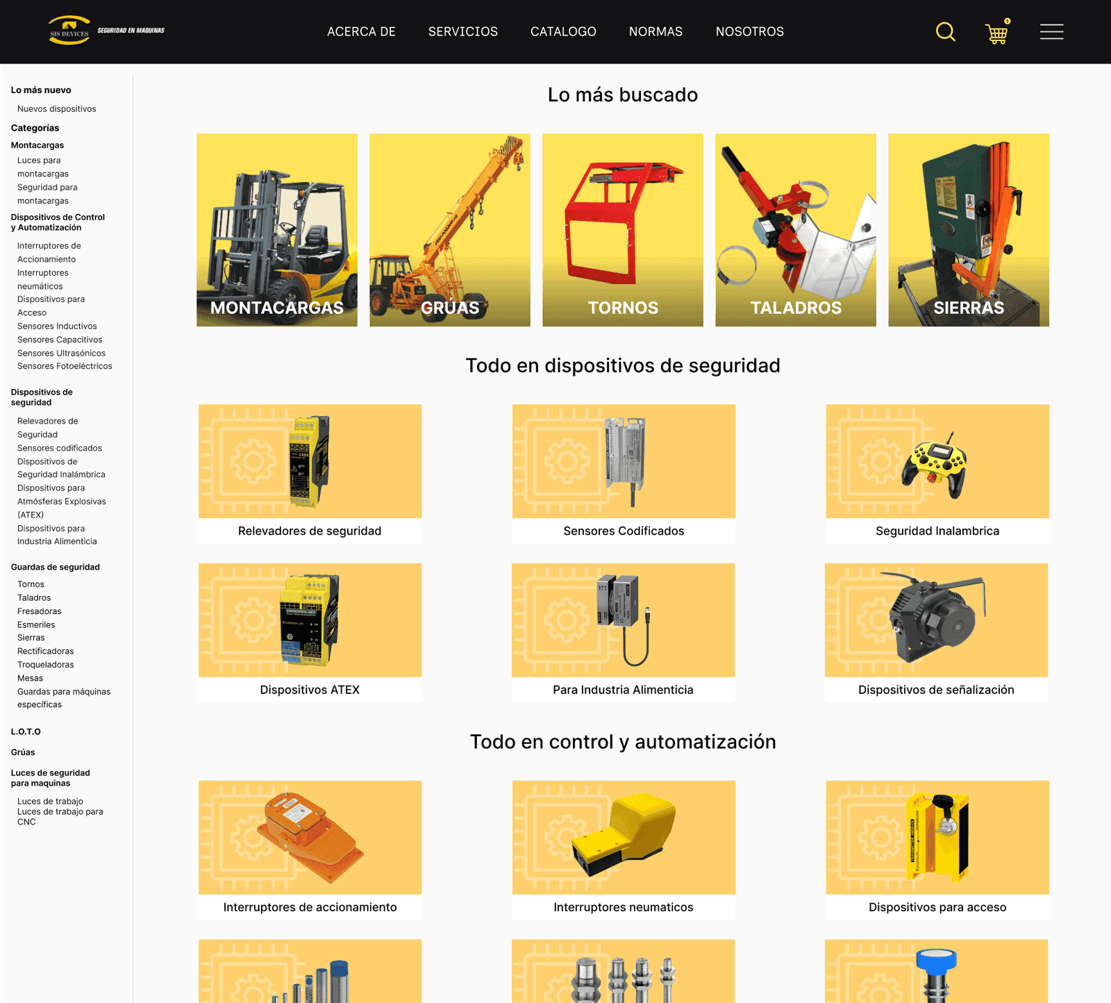 Catalog page with a category sidebar and grids of product categories such as safety relays, coded sensors, ATEX devices, and inductive and ultrasonic sensors