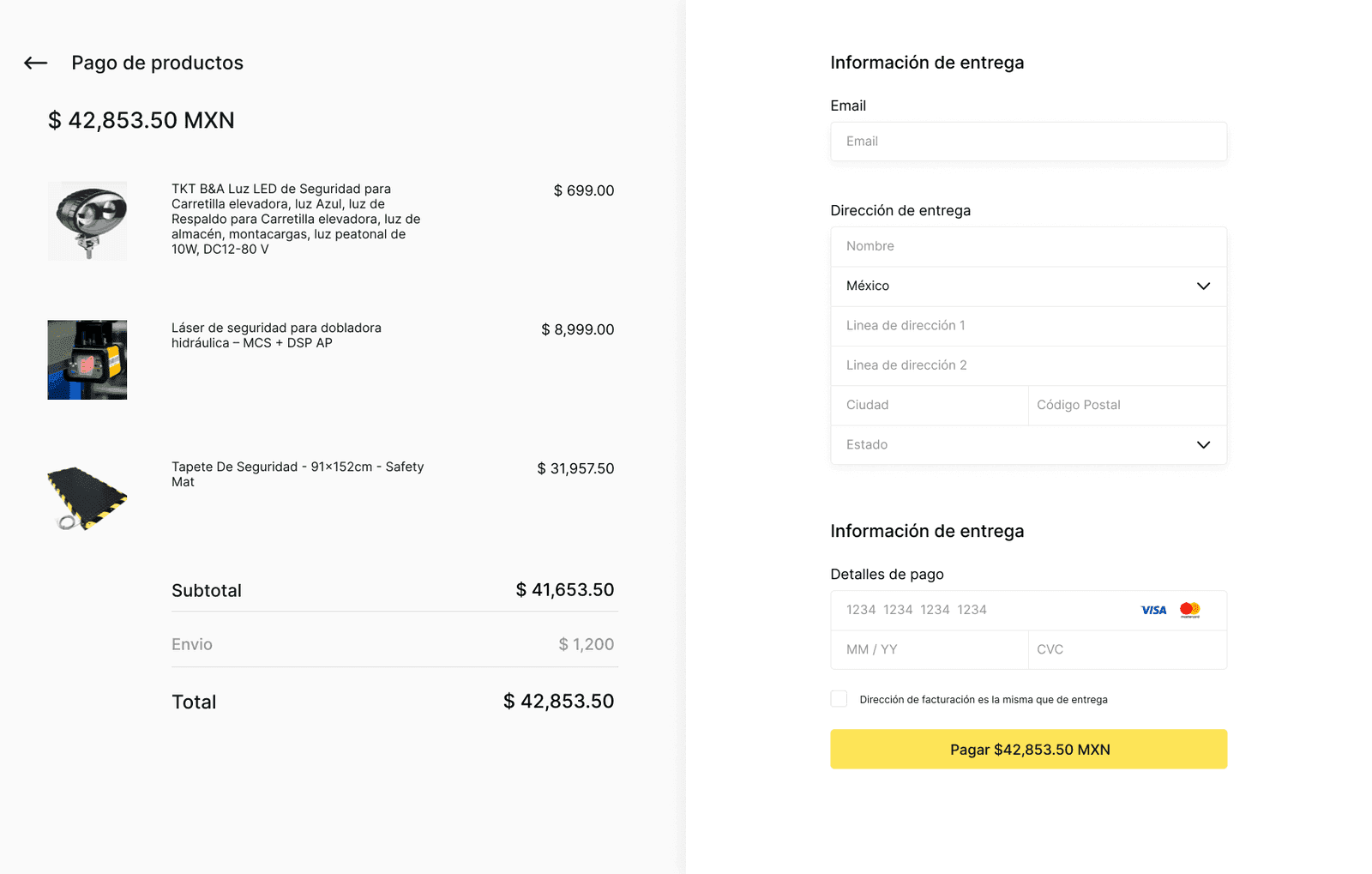 Checkout page with an order summary on the left and delivery and payment forms on the right