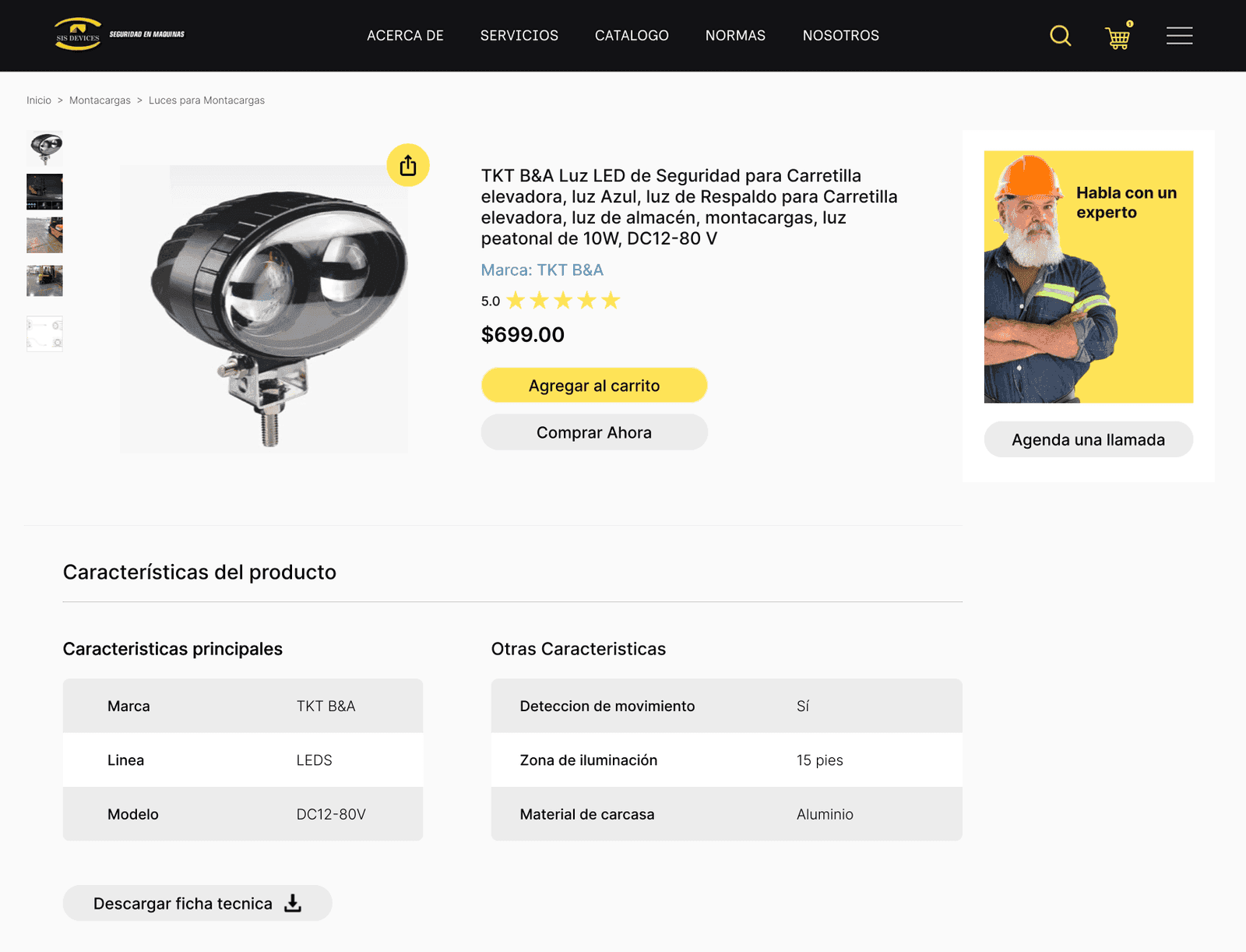 Product page for a forklift LED safety light with an image gallery, price, add-to-cart and buy-now buttons, a 'talk to an expert' card to book a call, and a table of product specifications