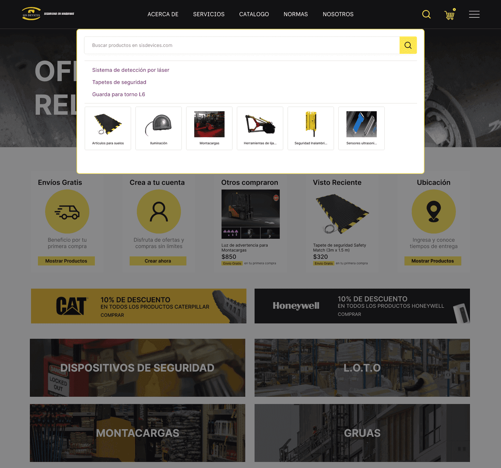 Sis Devices home page with the search modal open, showing suggested searches and category thumbnails above benefit cards, brand discount banners for Caterpillar and Honeywell, and category tiles
